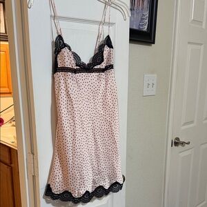 Victoria's Secret Pink Polka Dot Silk Chemise with Black Lace
